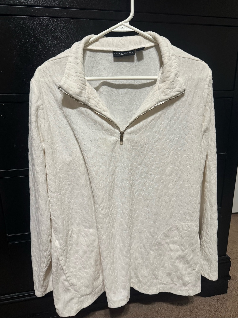 Susan Graver Cream Quarter-Zip Textured Pullover